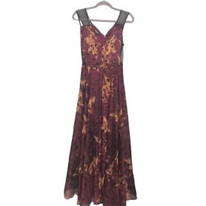 Women's Printed Pleated Maxi Sheer Panel  Dress